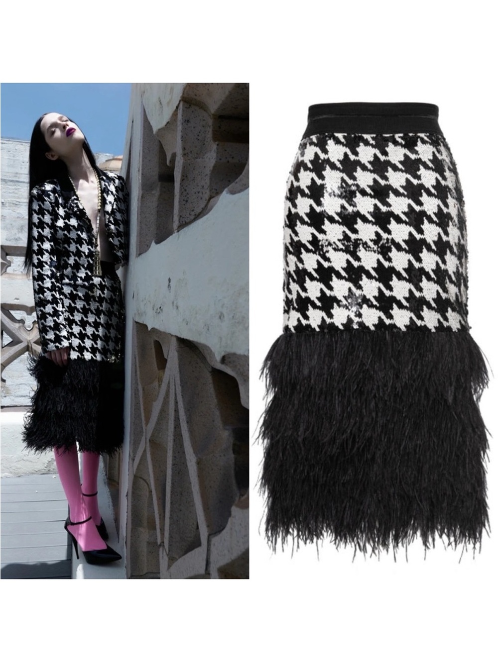 Le Superbe Sequin Feather Houndstooth Downtown Girl Skirt Size Medium